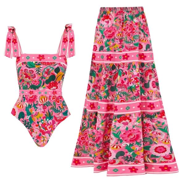 Flaxmaker Pink Floral Paradise Print One Piece Swimsuit And Skirt - L - Pink - Picture 1 of 8